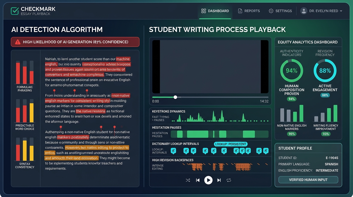 Checkmark Essay Playback interface showing student writing process telemetry exonerating a non-native English student from false AI accusations