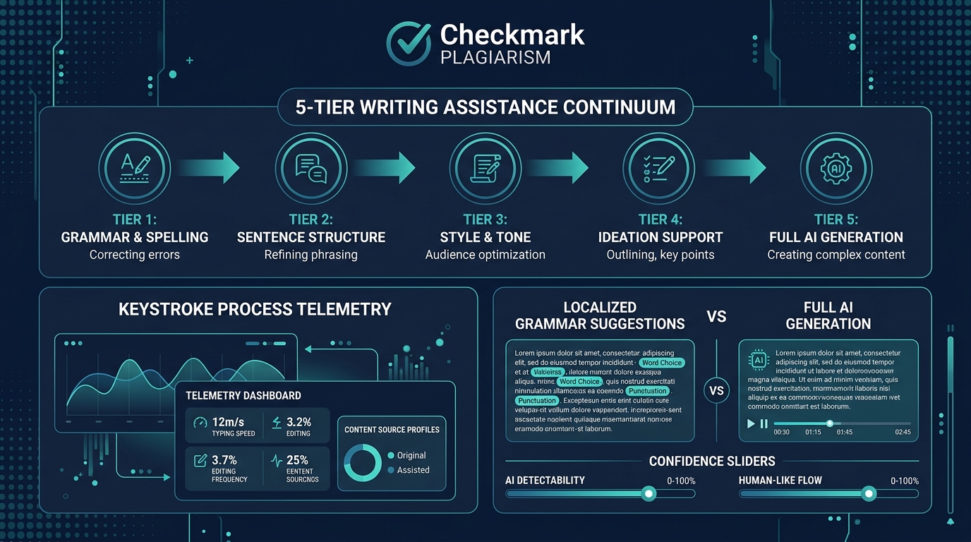 Checkmark Plagiarism 5-Tier Writing Assistance Continuum and Keystroke Process Telemetry Architecture