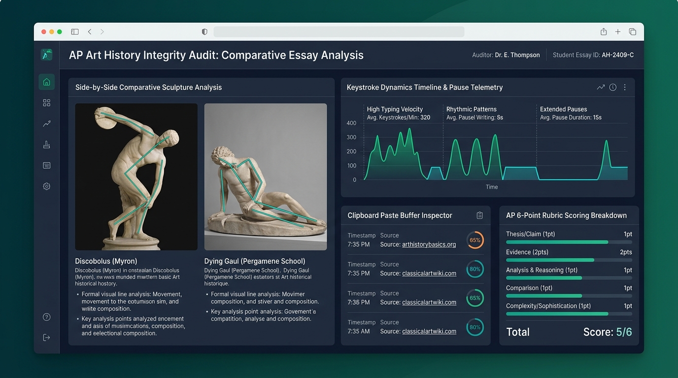 Checkmark Plagiarism AP Art History Comparative Essay Integrity Dashboard showing side-by-side formal line analysis, keystroke dynamics timeline, paste buffer telemetry, and 6-point rubric scoring breakdown.
