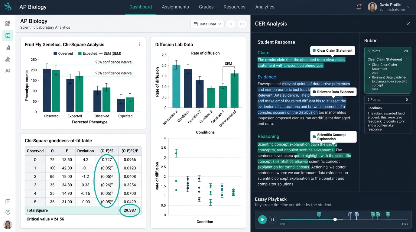 High School AP Biology Claim-Evidence-Reasoning Analytics Dashboard showing Chi-Square goodness-of-fit, SEM error bars, and Essay Playback telemetry