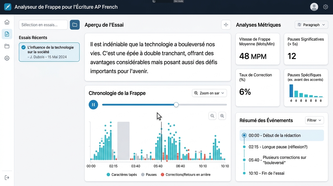 Checkmark World Language Telemetry Dashboard showing keystroke timeline analytics, authentic L2 typing dynamics, and DeepL machine translation paste detection