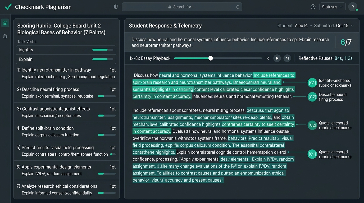 Checkmark Plagiarism AP Psychology Free-Response Question (FRQ) writing telemetry and autograding dashboard showing Unit 2 Biological Bases of Behavior 7-point rubric, passage-level confidence highlights, Essay Playback timeline with cognitive reflection pauses, and quote-anchored checkmarks.