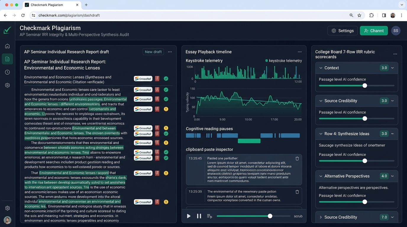 Checkmark Plagiarism AP Seminar IRR Integrity and Multi-Perspective Synthesis Audit Dashboard