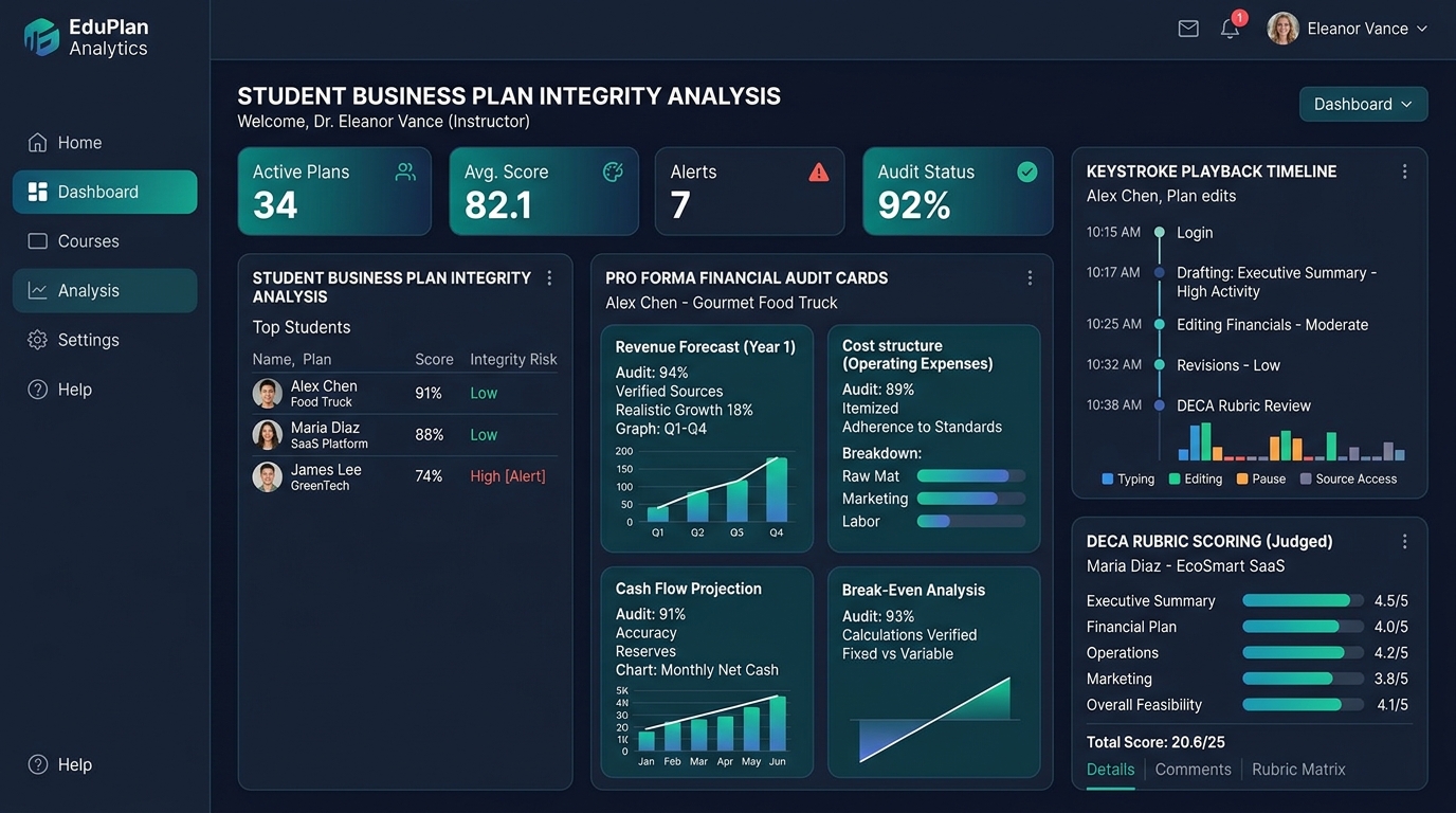 Checkmark Plagiarism Student Business Plan Integrity Dashboard showing Pro Forma Financial Audit Cards, Keystroke Playback Timeline, and DECA Rubric Scoring for High School Entrepreneurship.