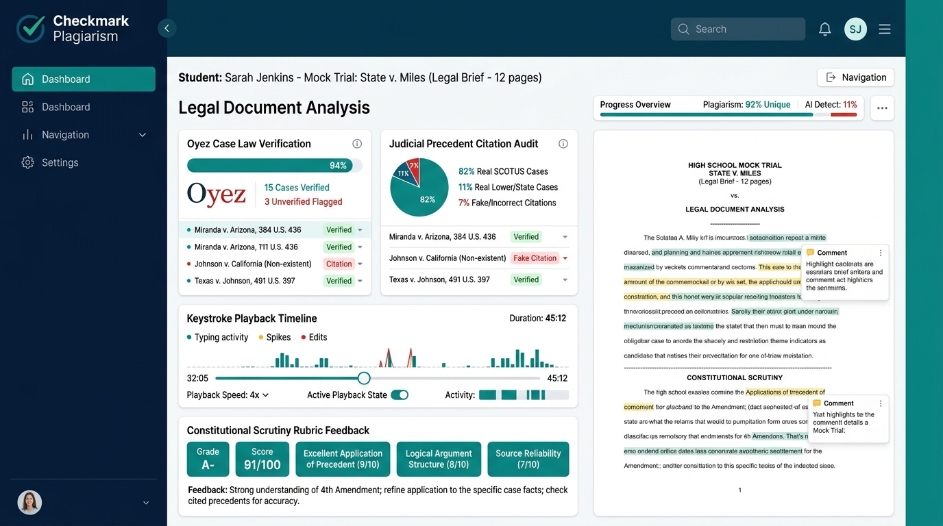 Checkmark Plagiarism Legal Brief Analysis Dashboard displaying Oyez case law verification, judicial precedent citation audit, keystroke playback timeline, and constitutional scrutiny rubric feedback