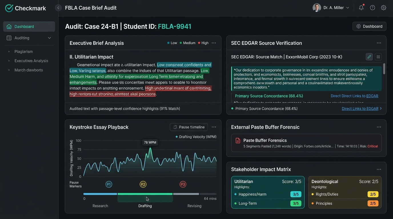 Checkmark Plagiarism FBLA Business Ethics Case Brief Audit Dashboard showing Executive Brief Analysis, SEC EDGAR Source Verification, Keystroke Playback Velocity, External Paste Buffer Forensics, and Stakeholder Impact Matrix scoring.