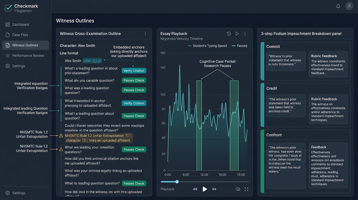 Checkmark Plagiarism High School Mock Trial Forensic Dashboard displaying cross-examination line-citation audits, Essay Playback keystroke velocity with case packet research pauses, and 3-step podium impeachment breakdown
