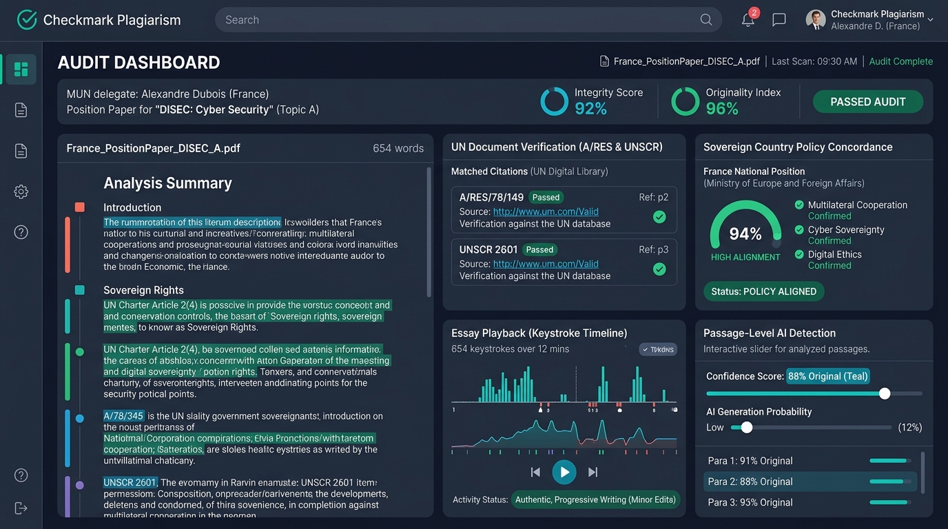 Checkmark Plagiarism Model UN Audit Dashboard displaying UN document symbol verification, sovereign country policy concordance indicators, keystroke Essay Playback timeline, and passage-level AI detection sliders