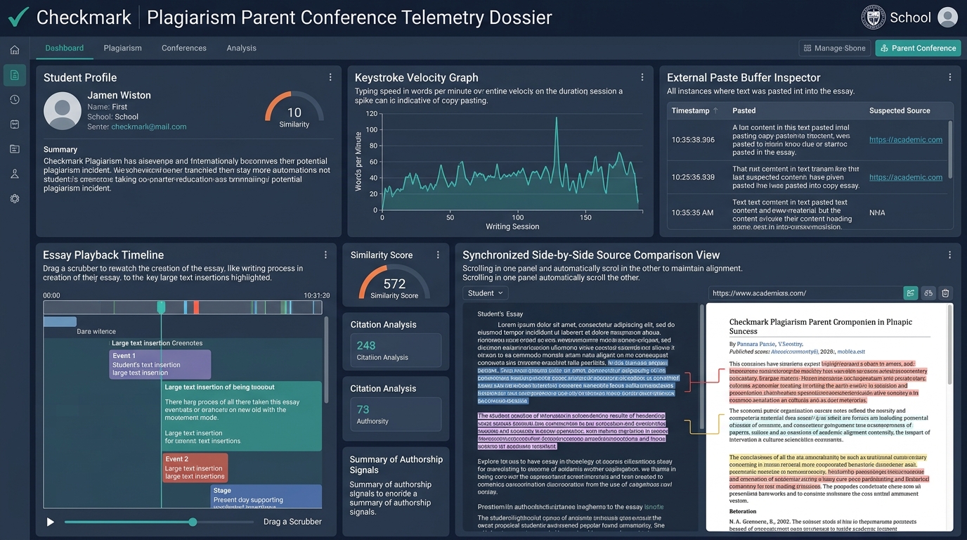 Checkmark Plagiarism Parent Conference Telemetry Dossier with Essay Playback timeline, keystroke velocity graph, external paste buffer inspector, and side-by-side source comparison view