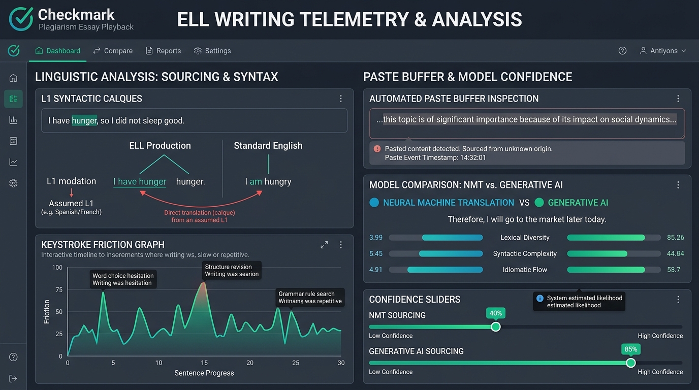 Checkmark Plagiarism interface showing ELL writing telemetry, syntactic calque matrix, keystroke friction graph, and model comparison
