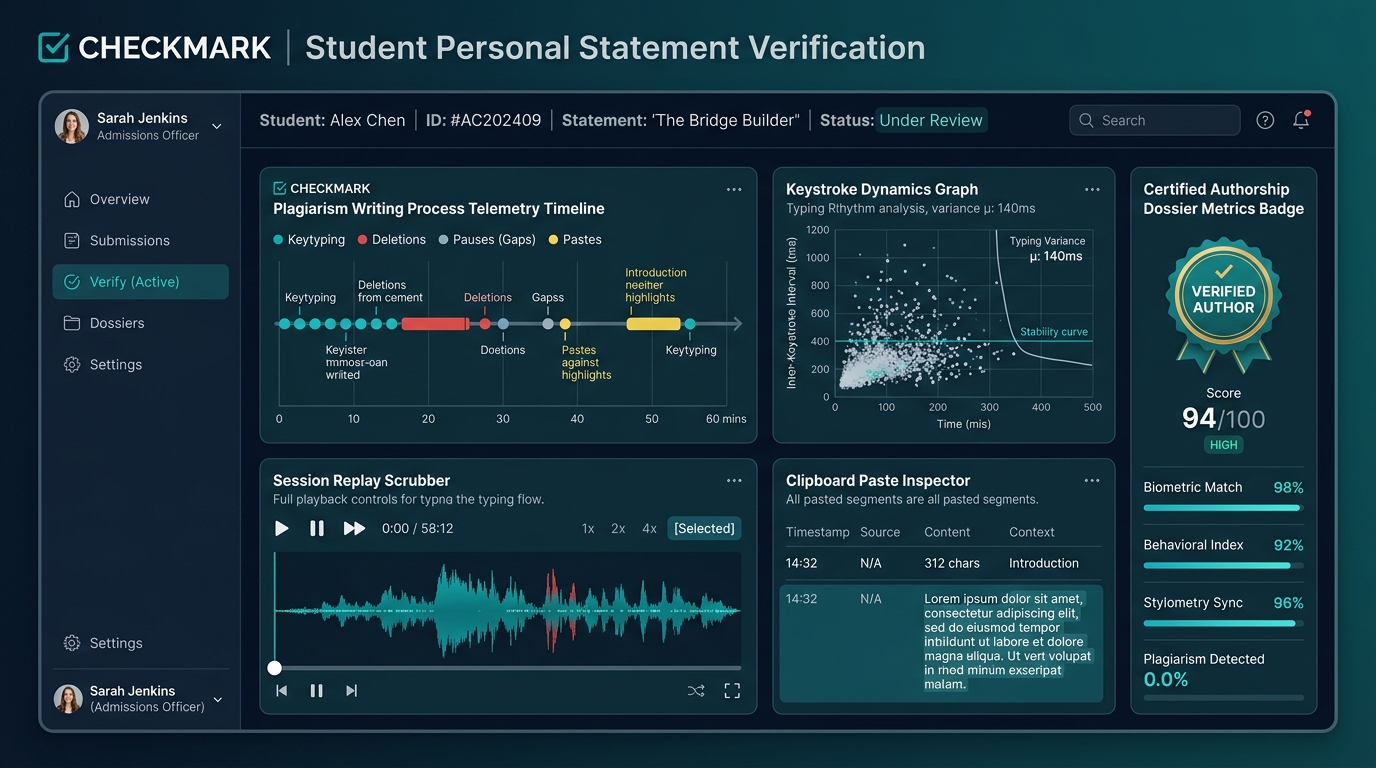 Checkmark Plagiarism Writing Process Telemetry and Essay Playback Dashboard for College Admissions and Counselor Verification